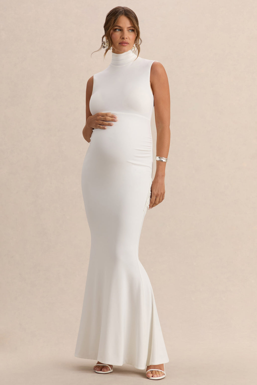 Saffira | White High-Neck Maternity Maxi Dress With Draped Detailing