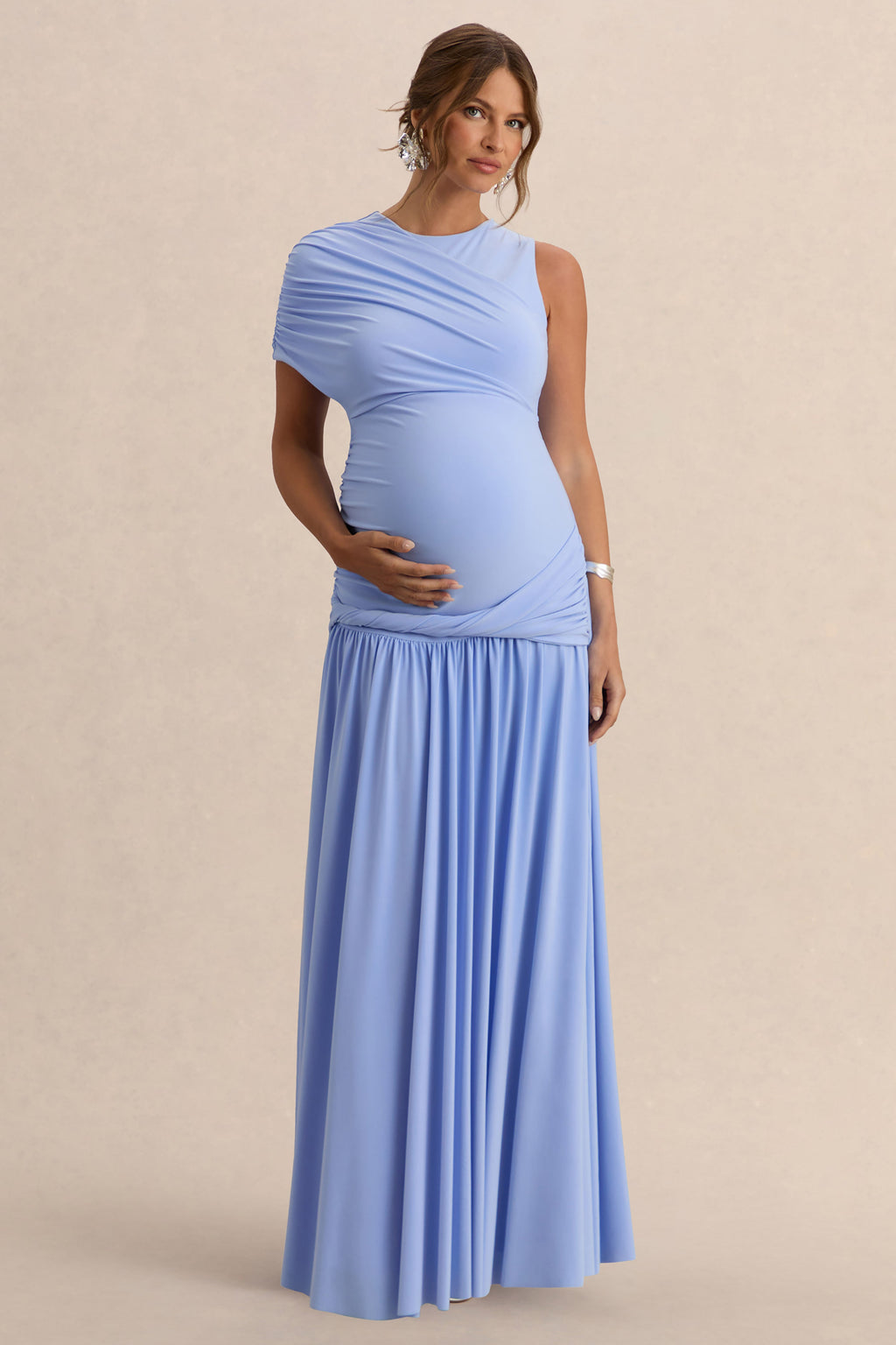 Naida | Light Blue Round-Neck Maternity Maxi Dress With Draped Detailing