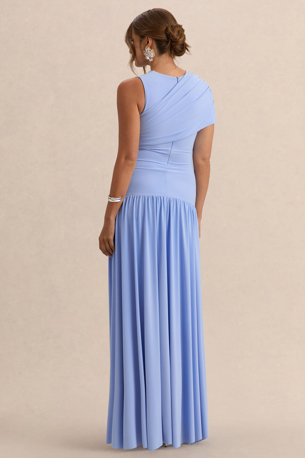 Naida | Light Blue Round-Neck Maternity Maxi Dress With Draped Detailing