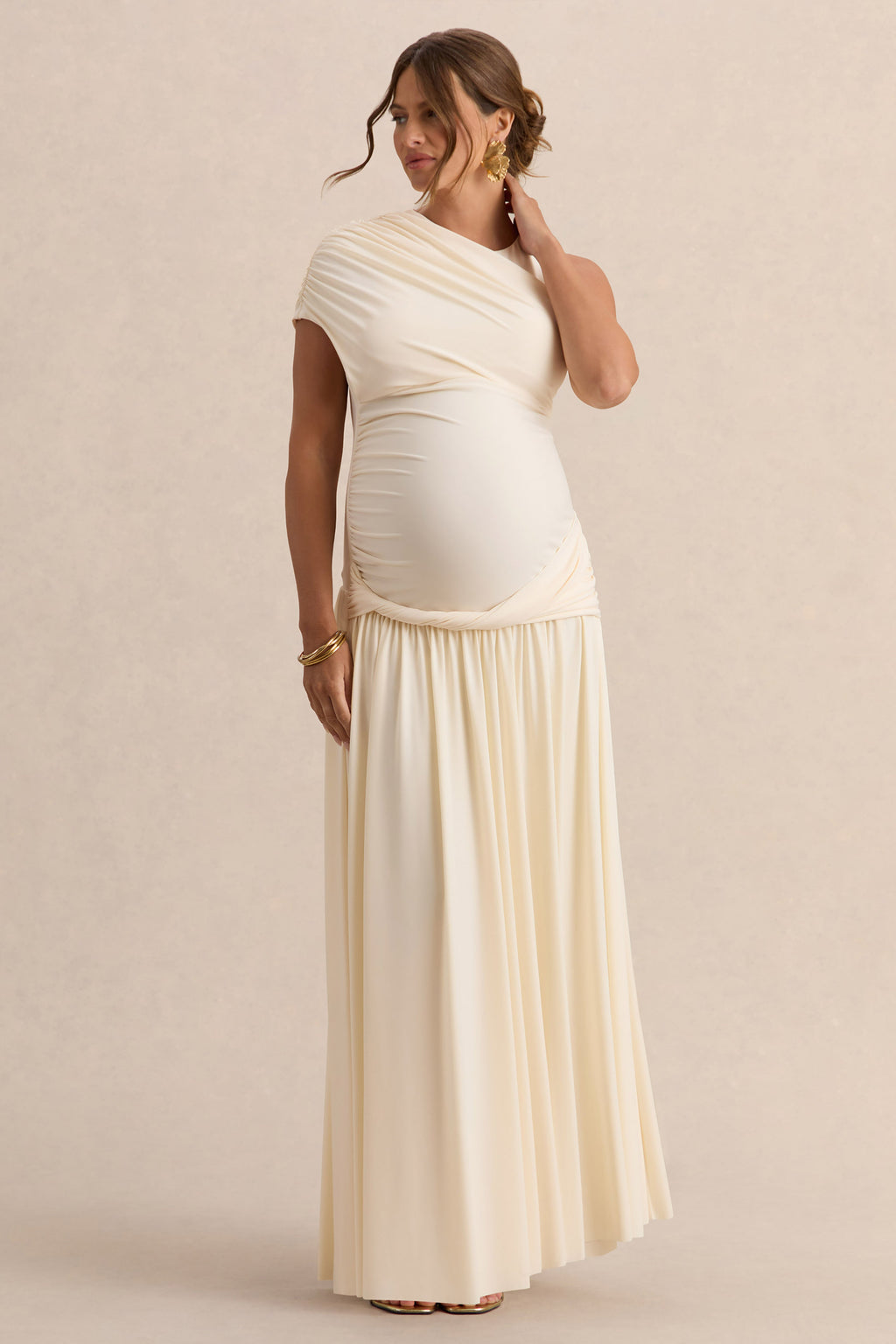 Naida | Cream Round-Neck Maternity Maxi Dress With Draped Detailing