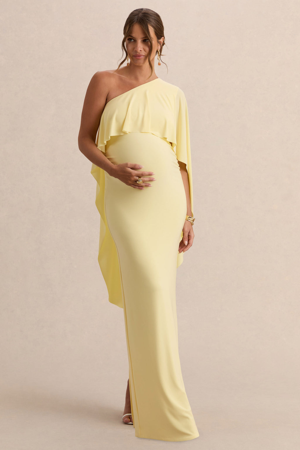 Cicely | Lemon Asymmetric-Neck Maternity Maxi Dress With Cape Sleeve
