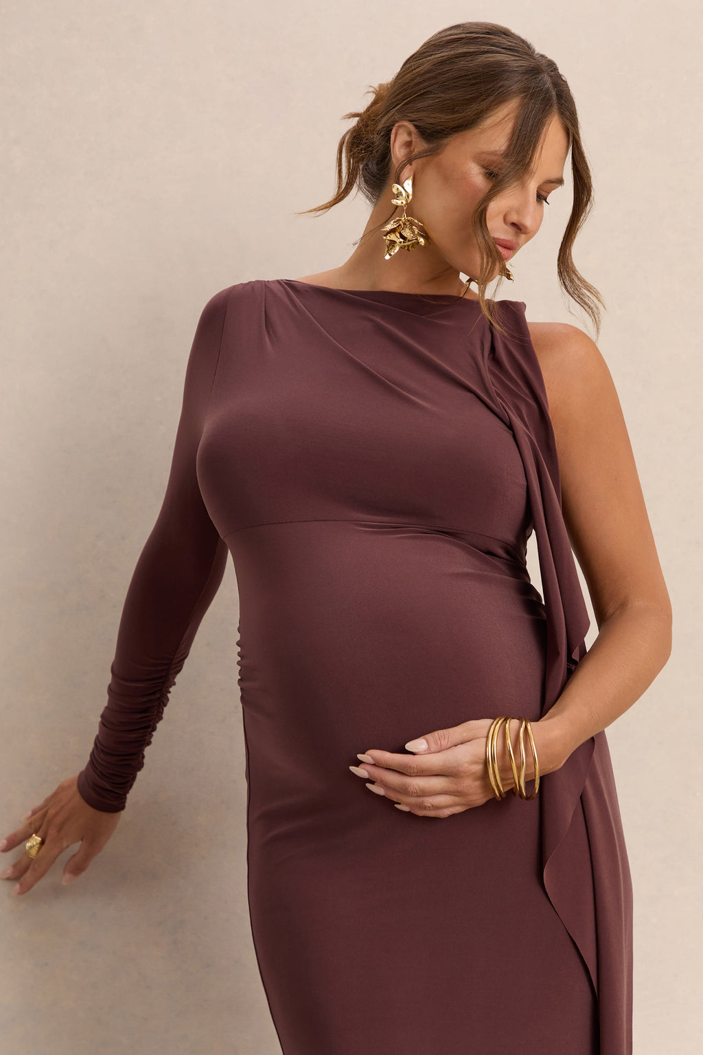 Emanuela | Dark Brown Boat-Neck Maternity Maxi Dress With Sash Detail