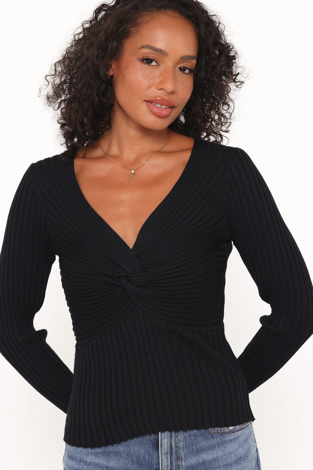 Demi Twist Detail Knit Top - Black