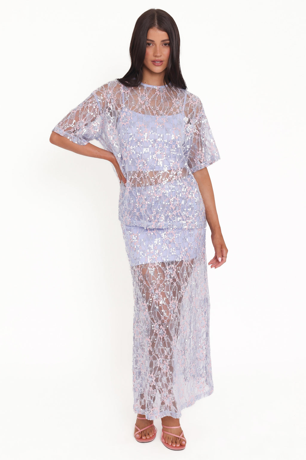 Yonder Sheer Lace Tee Top - Purple