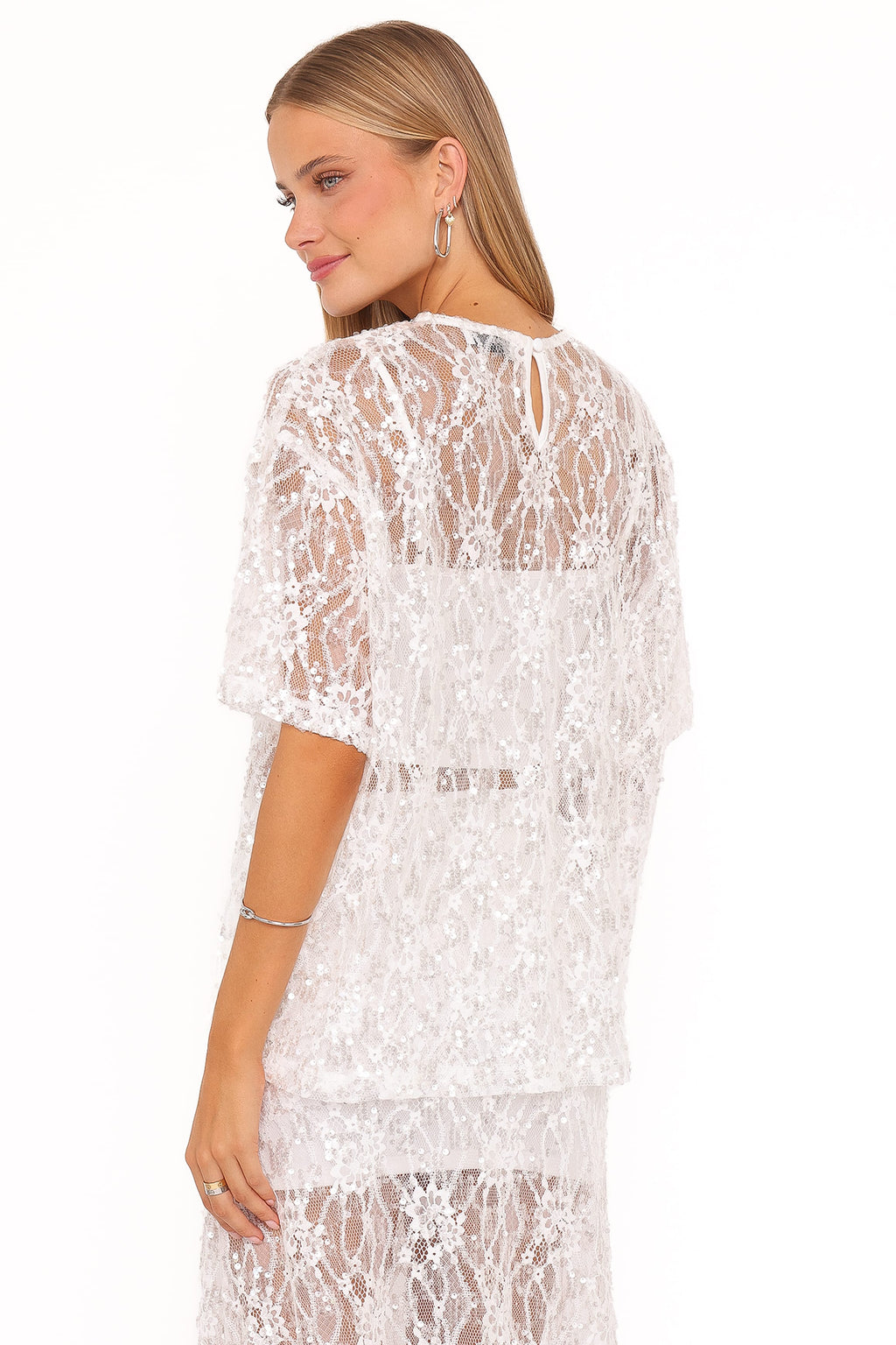 Yonder Sheer Lace Tee Top - White