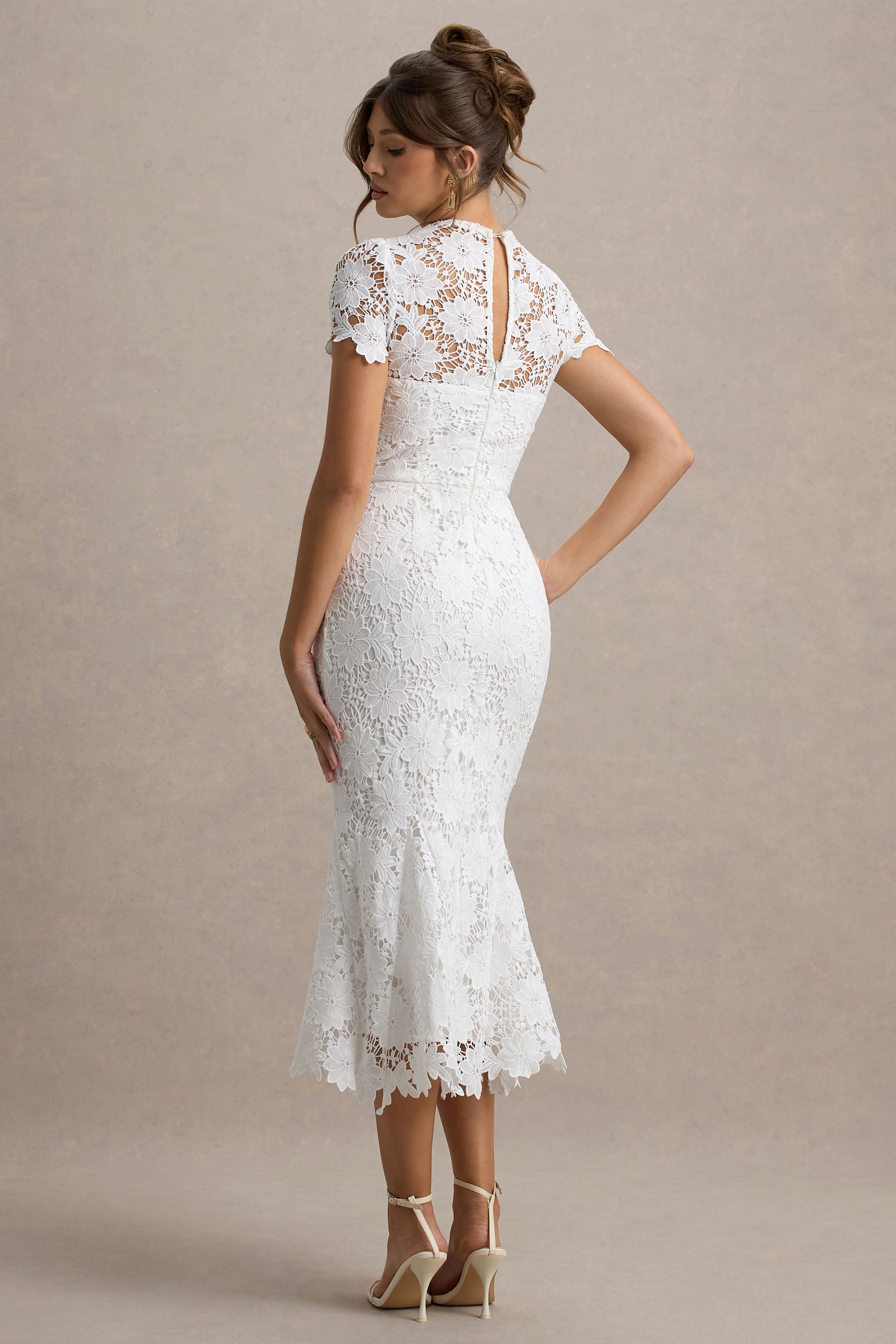 Clarissa | White Lace Crew-Neck Short-Sleeve Midi Dress