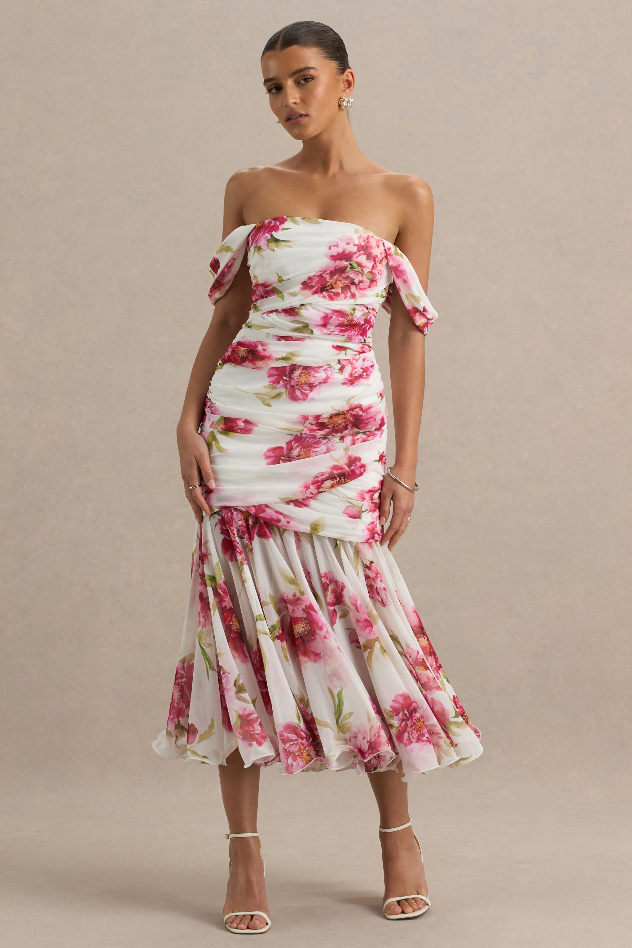Madelyn | Cream Floral Print Short-Sleeve Bardot Wrap Maxi Dress With Ruching