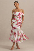 Madelyn | Cream Floral Print Short-Sleeve Bardot Wrap Maxi Dress With Ruching