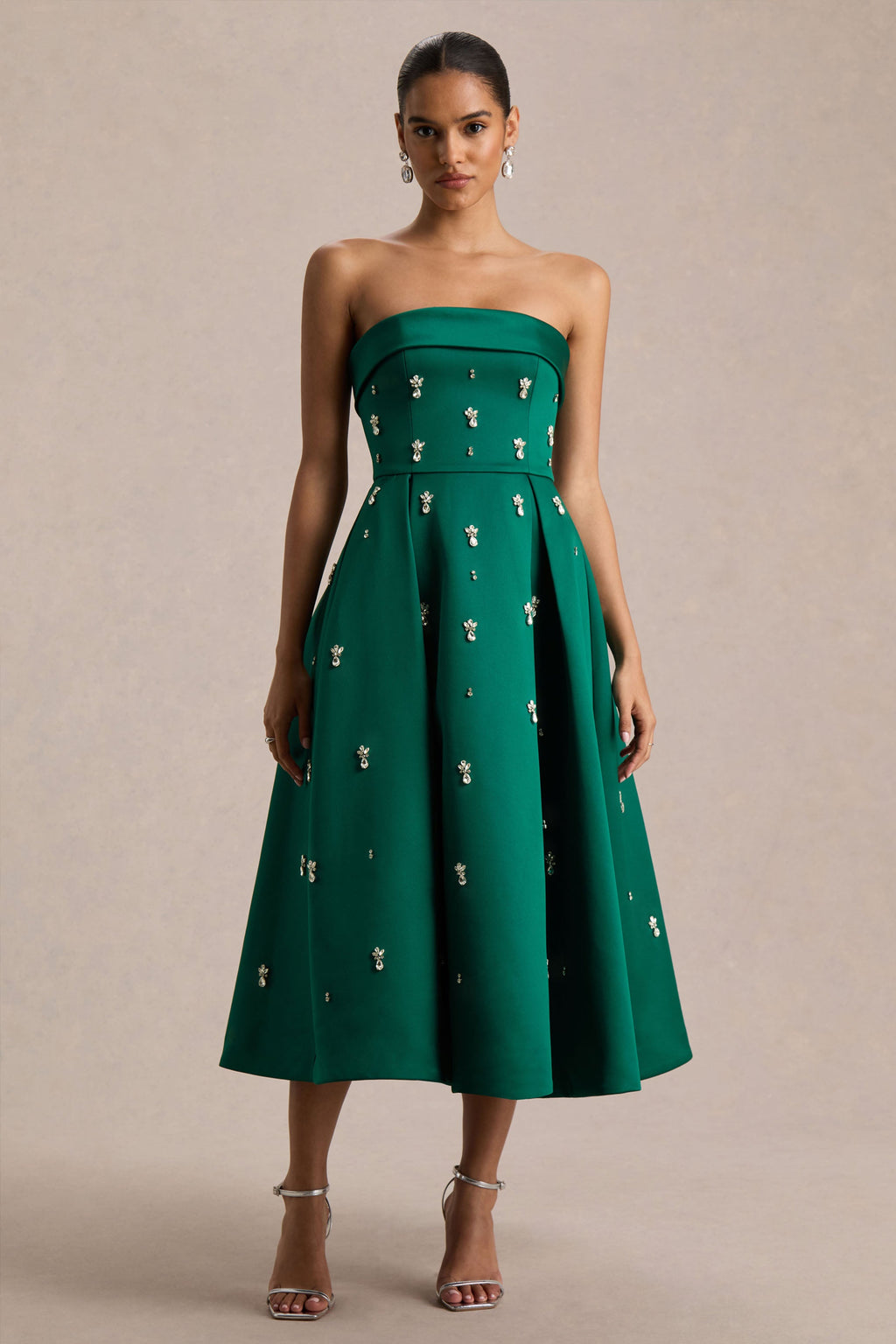 Sylvette | Dark Green Satin Bandeau Skater Midi Dress