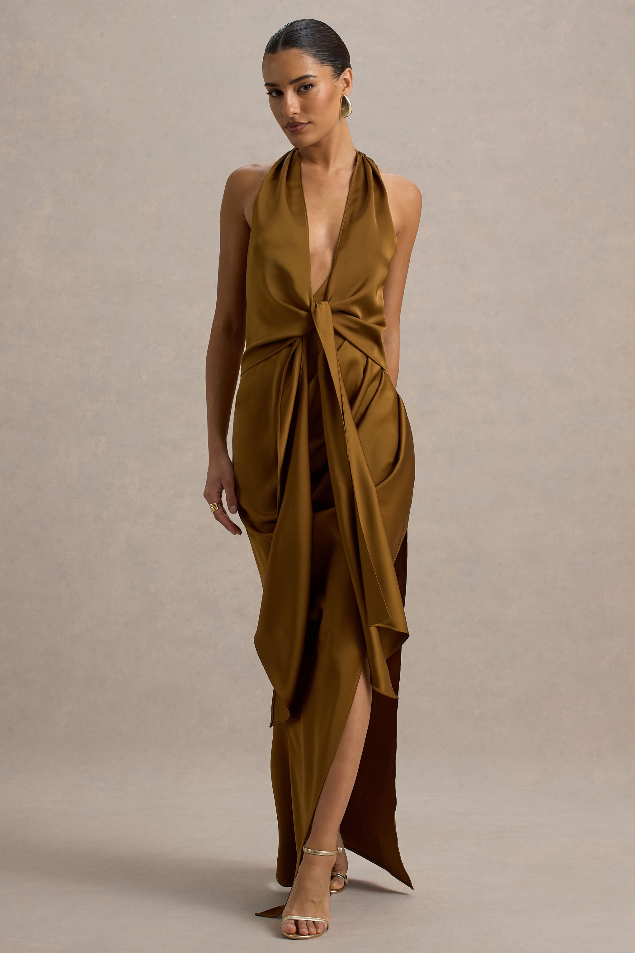 Lynette | Olive Satin Plunge-Neck Maxi Dress With Asymmetric Hem