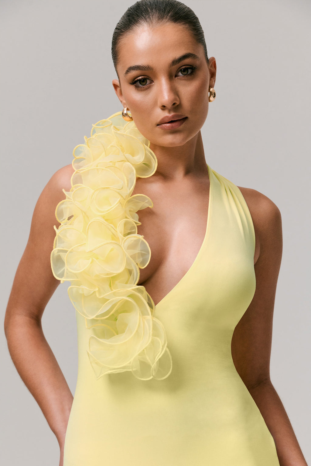 Harriet | Lemon Plunge-Neck Maxi Dress With Floral Detail