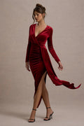 Arcadia | Berry Velvet Plunge-Neck Wrap Midi Dress