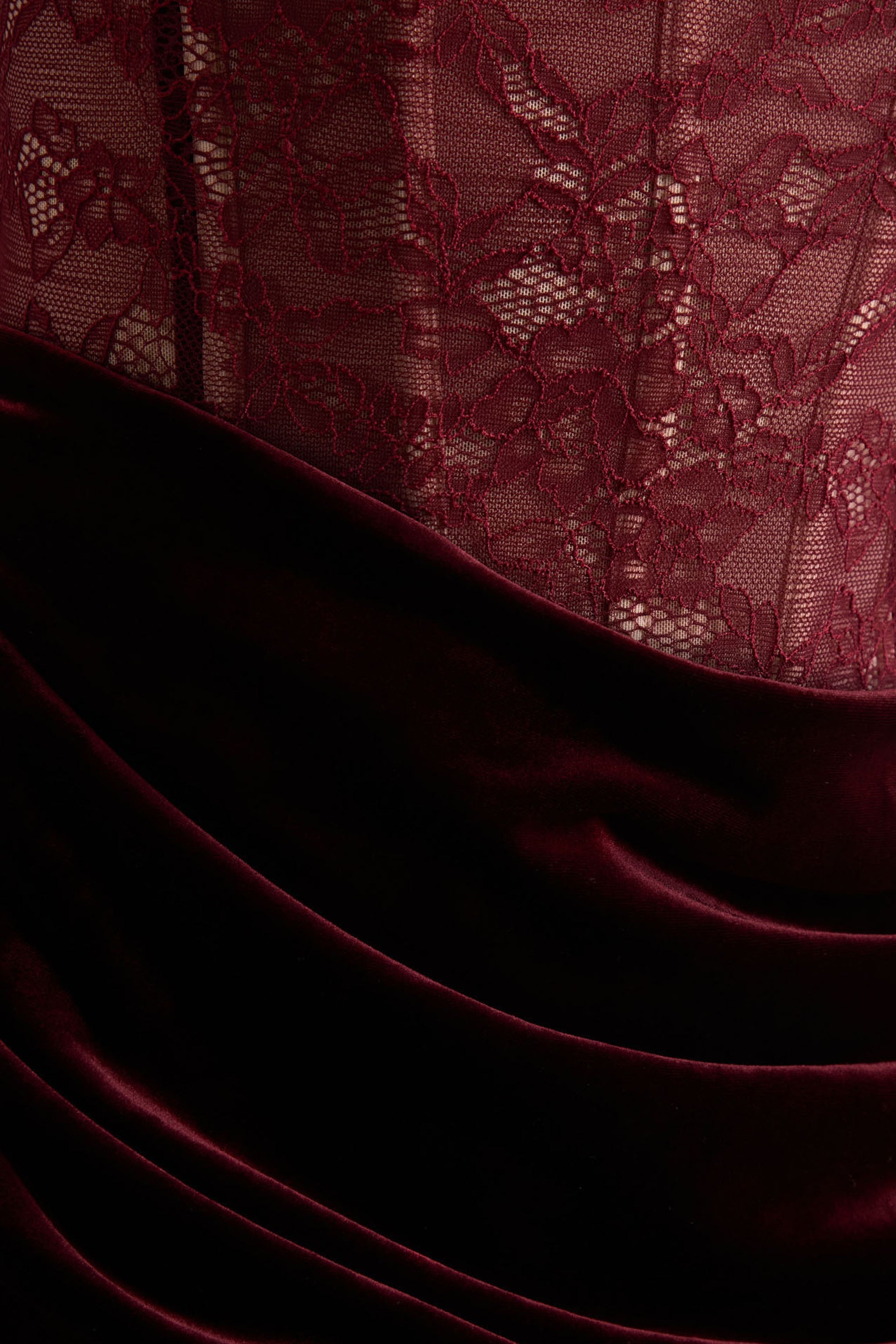 Finesse | Burgundy Lace And Velvet Square-Neck Maxi Dress With Draped Skirt